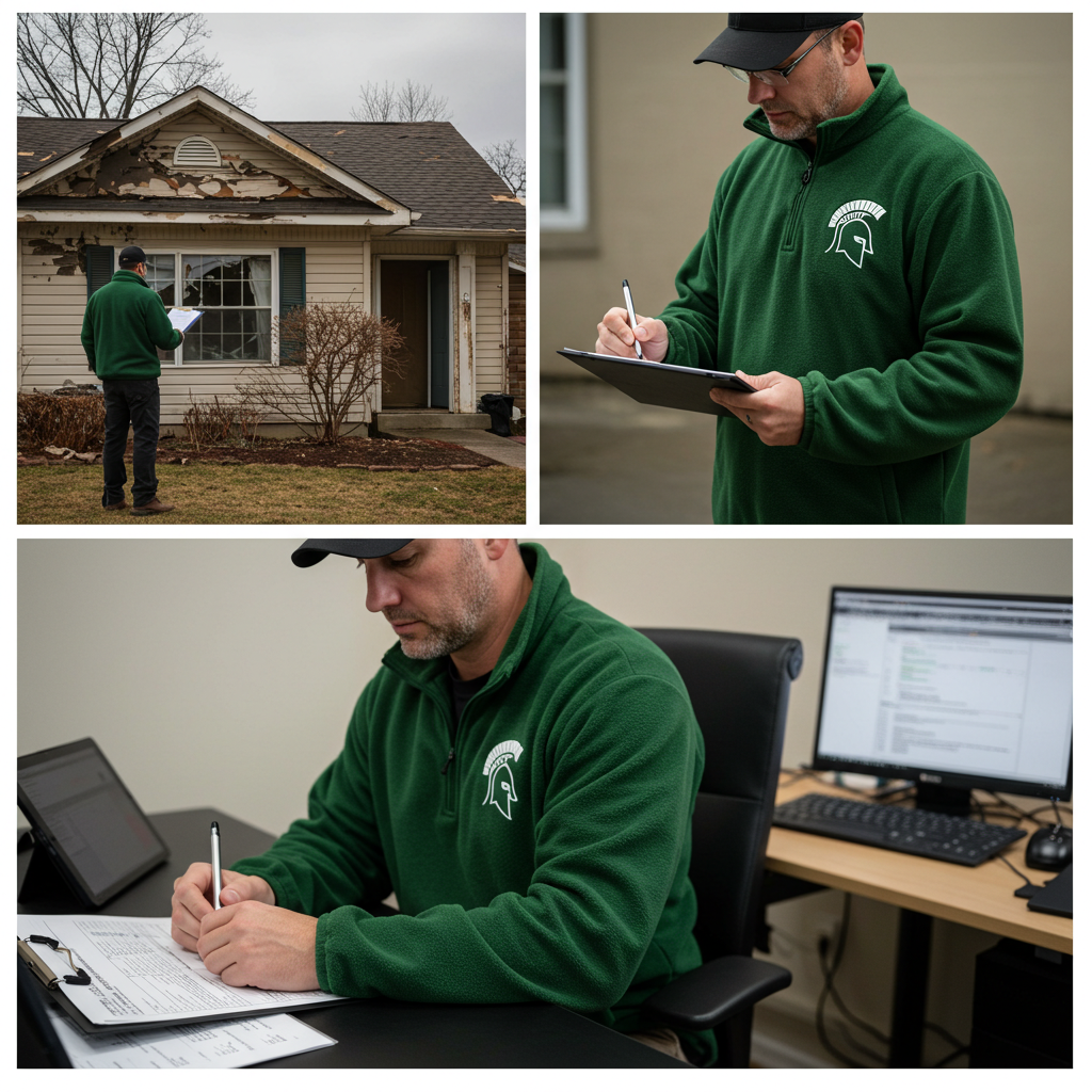 A public adjuster wearing a green Spartan-colored fleece with a single Spartan logo, inspecting a home’s exterior, documenting damage on a clipboard or tablet, and working at his desk on a claim.