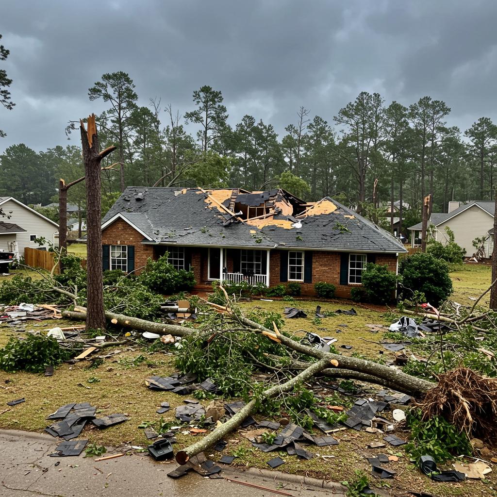 A storm-damaged home in Tennessee with a collapsed roof, broken windows, and scattered debris after severe weather.