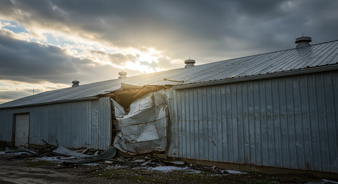A commercial building with visible storm damage, broken windows, and roof damage, with business owners assessing the damage.