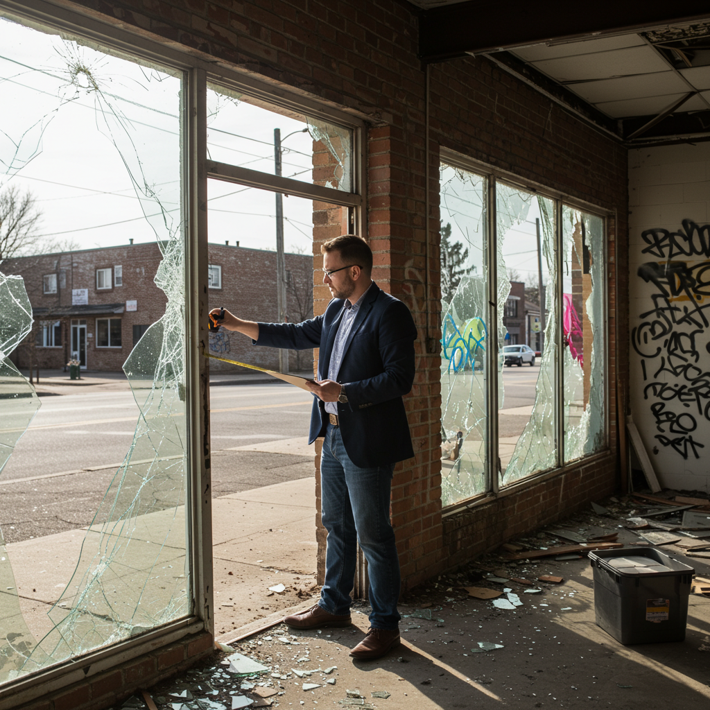 A business with shattered windows and graffiti-covered walls after a vandalism incident, with a public adjuster documenting the damage for an insurance claim.