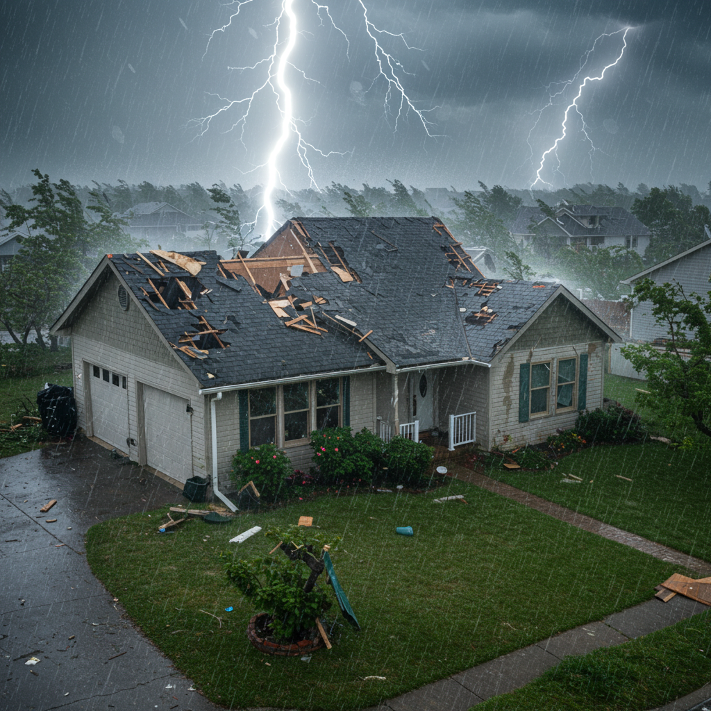 A home with severe storm damage, including missing shingles, broken windows, and fallen debris from high winds and heavy rain.